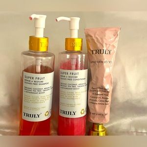 Truly Beauty super fruit, shampoo and conditioner and unicorn locks hair mask.